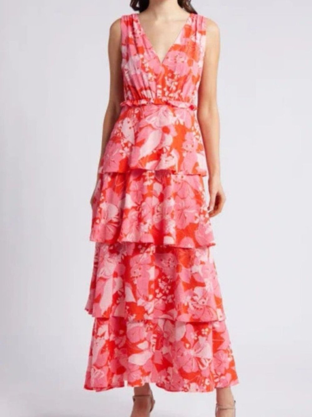 Chelsea 28 Red Pink Sades Blooms Floral Tiered Maxi Dress Size 1 57168